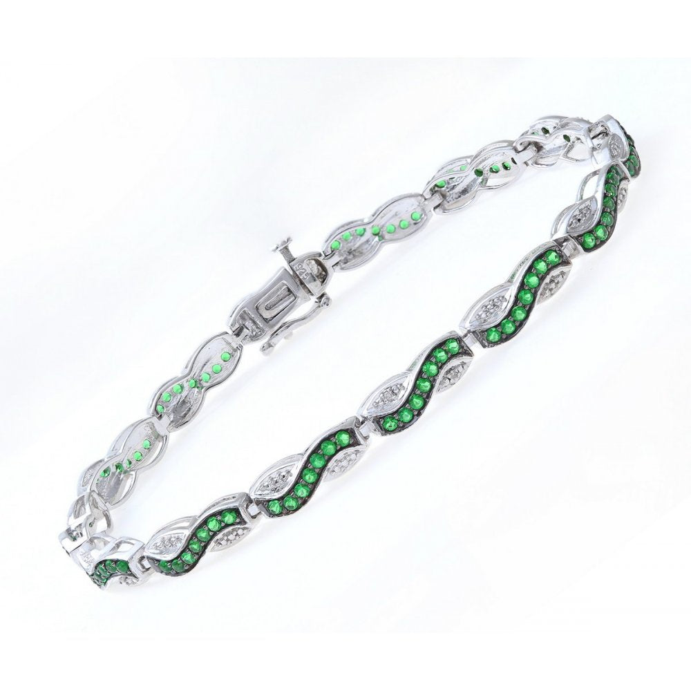 Sterling Silver Bracelet set with Round Emerald Gem Stone and Diamonds