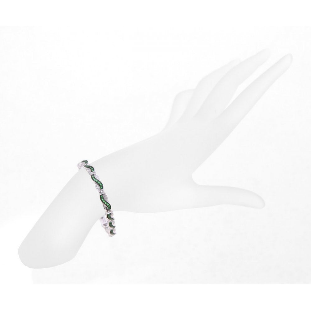 Sterling Silver Bracelet set with Round Emerald Gem Stone and Diamonds