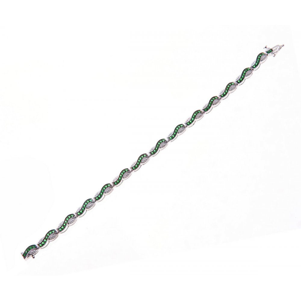 Sterling Silver Bracelet set with Round Emerald Gem Stone and Diamonds