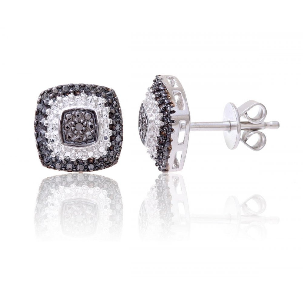 Sterling Silver Sqaure Earring set with Black and White Diamonds