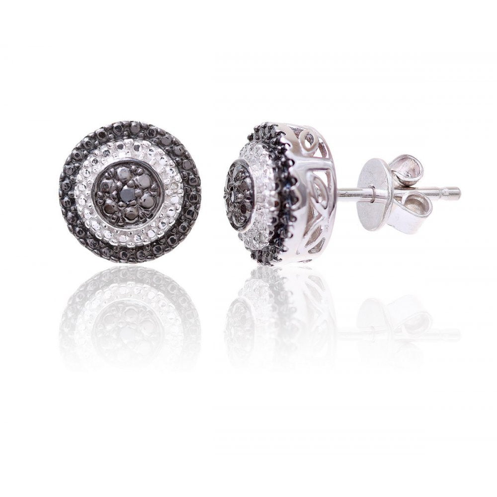Sterling Silver Round Earring set with Black and White Diamonds