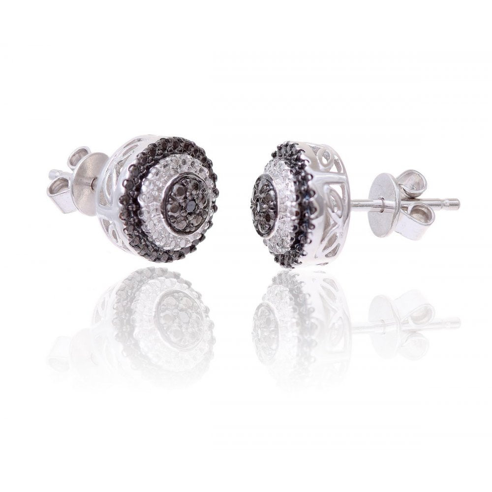 Sterling Silver Round Earring set with Black and White Diamonds