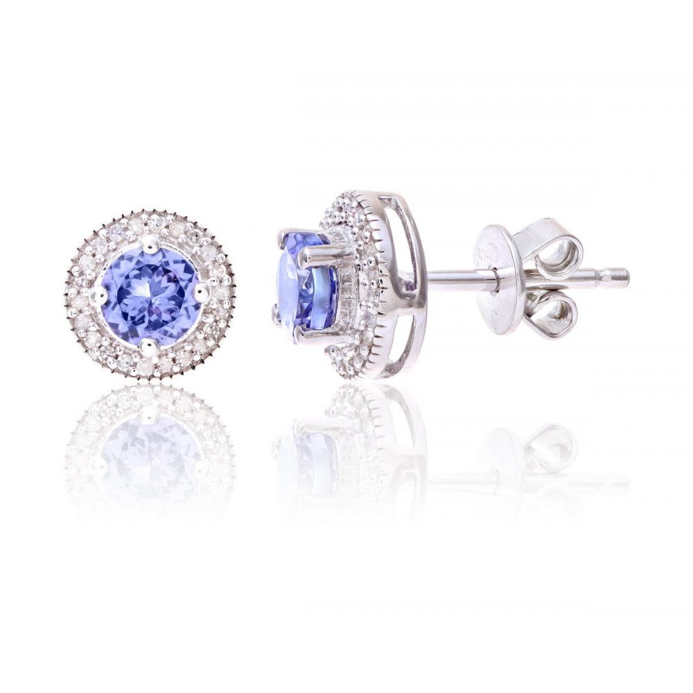 Sterling Silver Earring set with Tanzanite Gem Stone and Diamonds