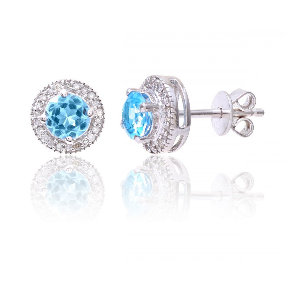 Sterling Silver Earring set with Blue Topaz Gem Stone and Diamonds