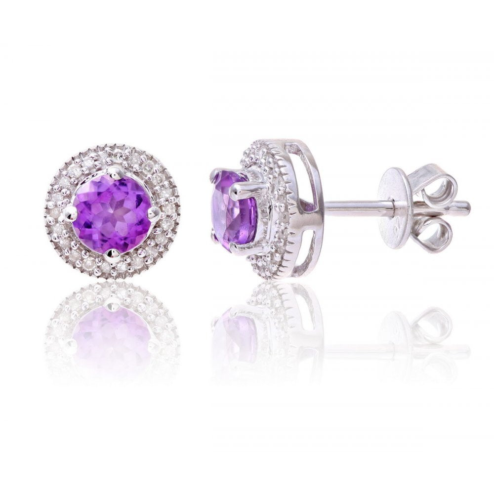 Sterling Silver Earring set with Amethyst Gem Stone and Diamonds