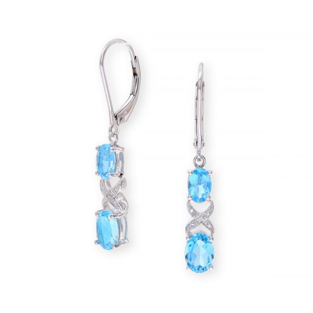 Sterling Silver Earring set with Blue Topaz Gem Stone and and Diamonds
