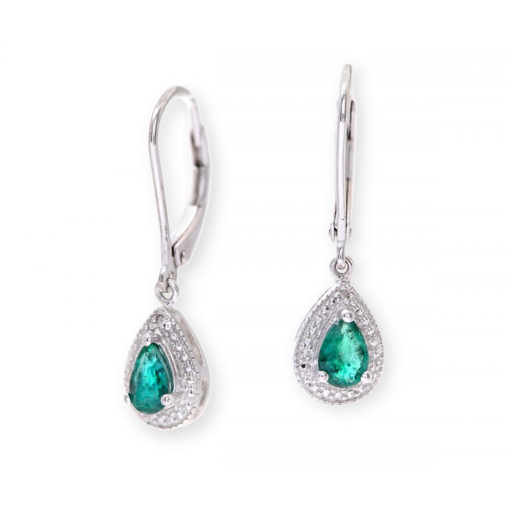 Sterling Silver Earring set with Emerald Gem Stone and Diamonds