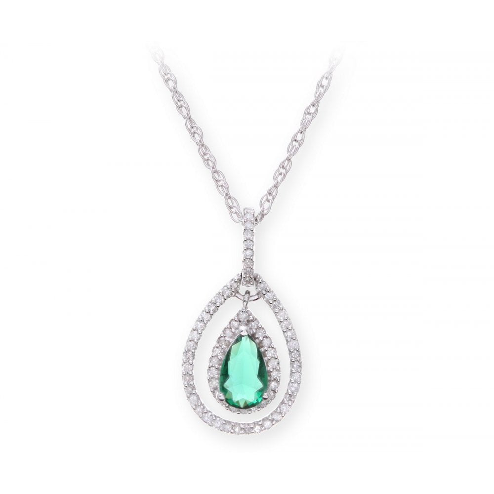 Sterling Silver Necklace with Emerald Gem Stone Pendant and Diamonds
