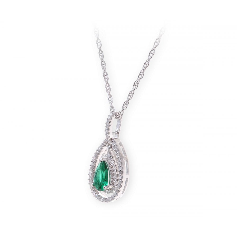 Sterling Silver Necklace with Emerald Gem Stone Pendant and Diamonds