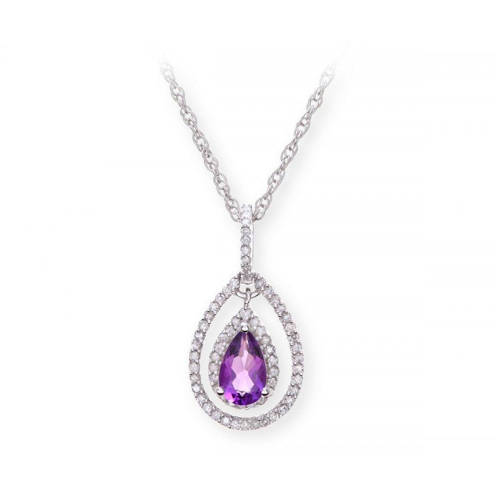 Sterling Silver Necklace with Amethyst Gem Stone Pendant and Diamonds
