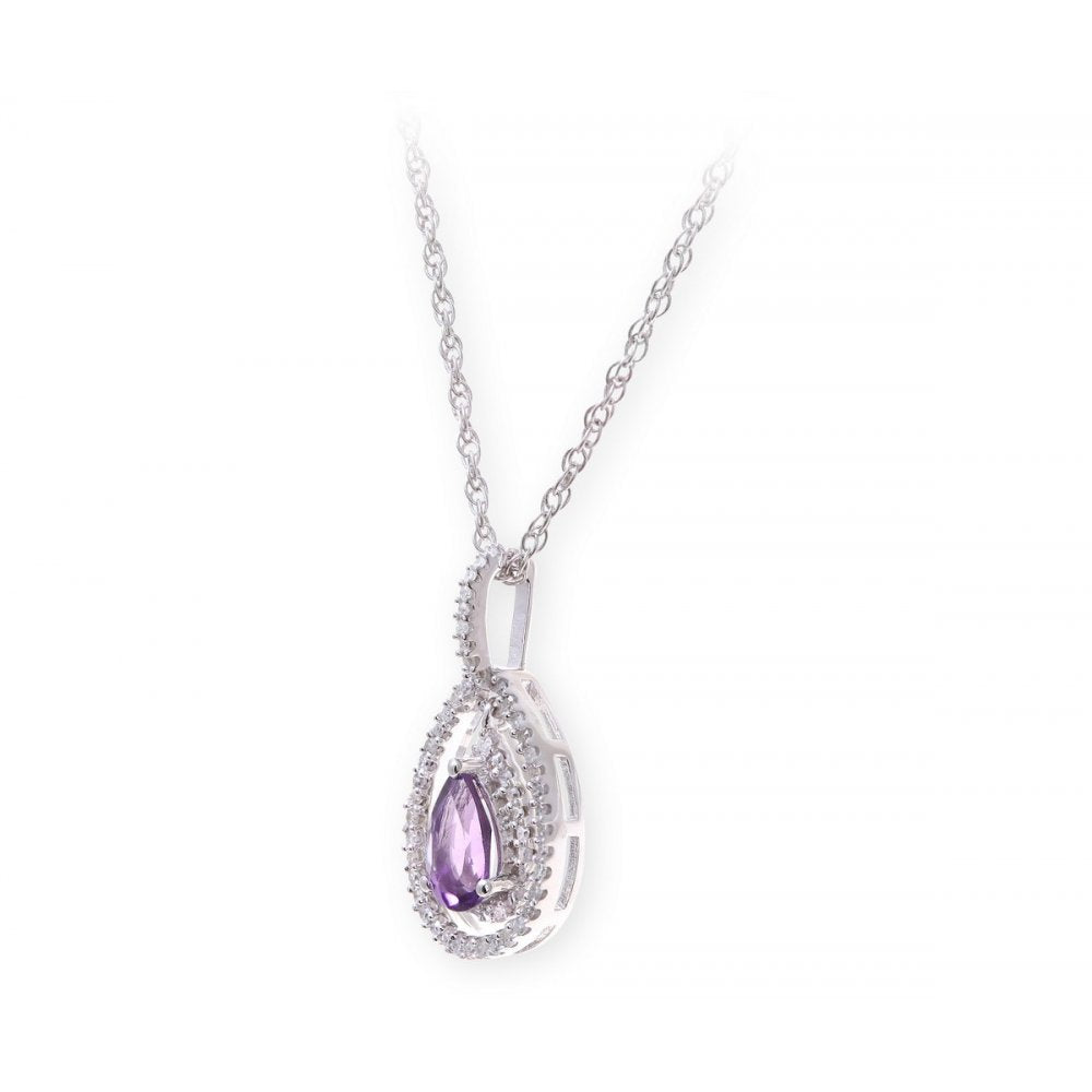 Sterling Silver Necklace with Amethyst Gem Stone Pendant and Diamonds
