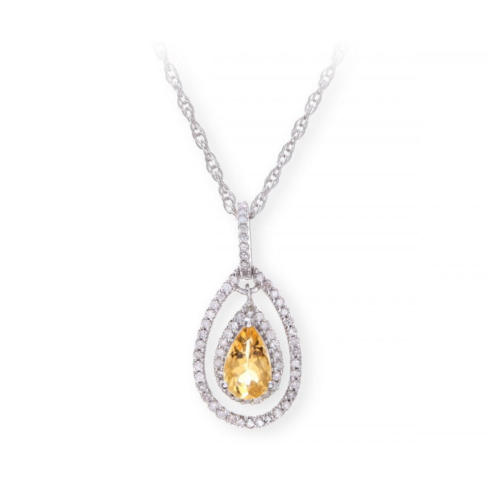 Sterling Silver Necklace with Citine Gem Stone Pendant and Diamonds