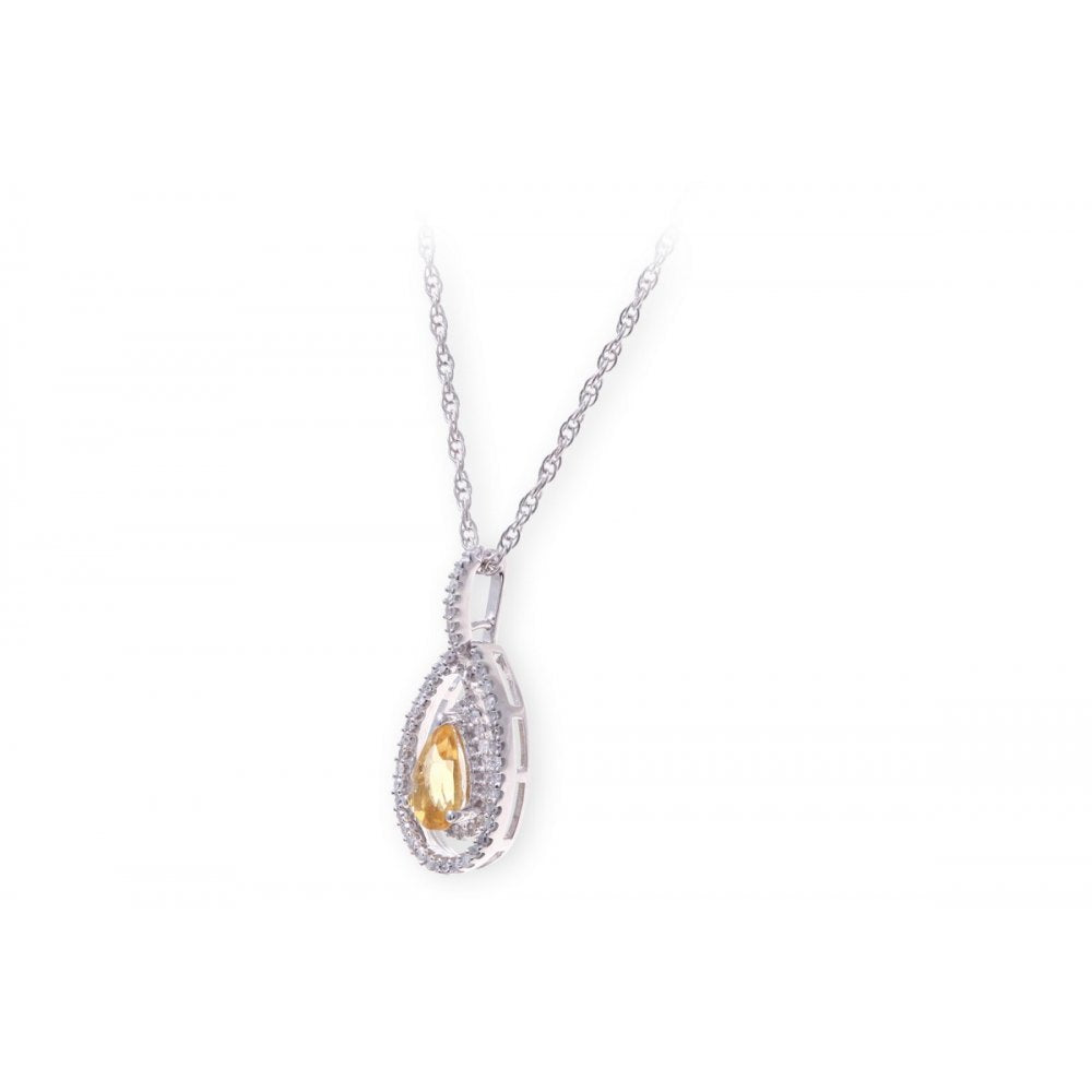 Sterling Silver Necklace with Citine Gem Stone Pendant and Diamonds