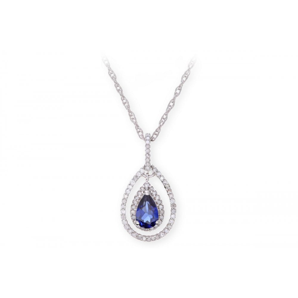 Sterling Silver Necklace with Sapphire Gem Stone Pendant and Diamonds