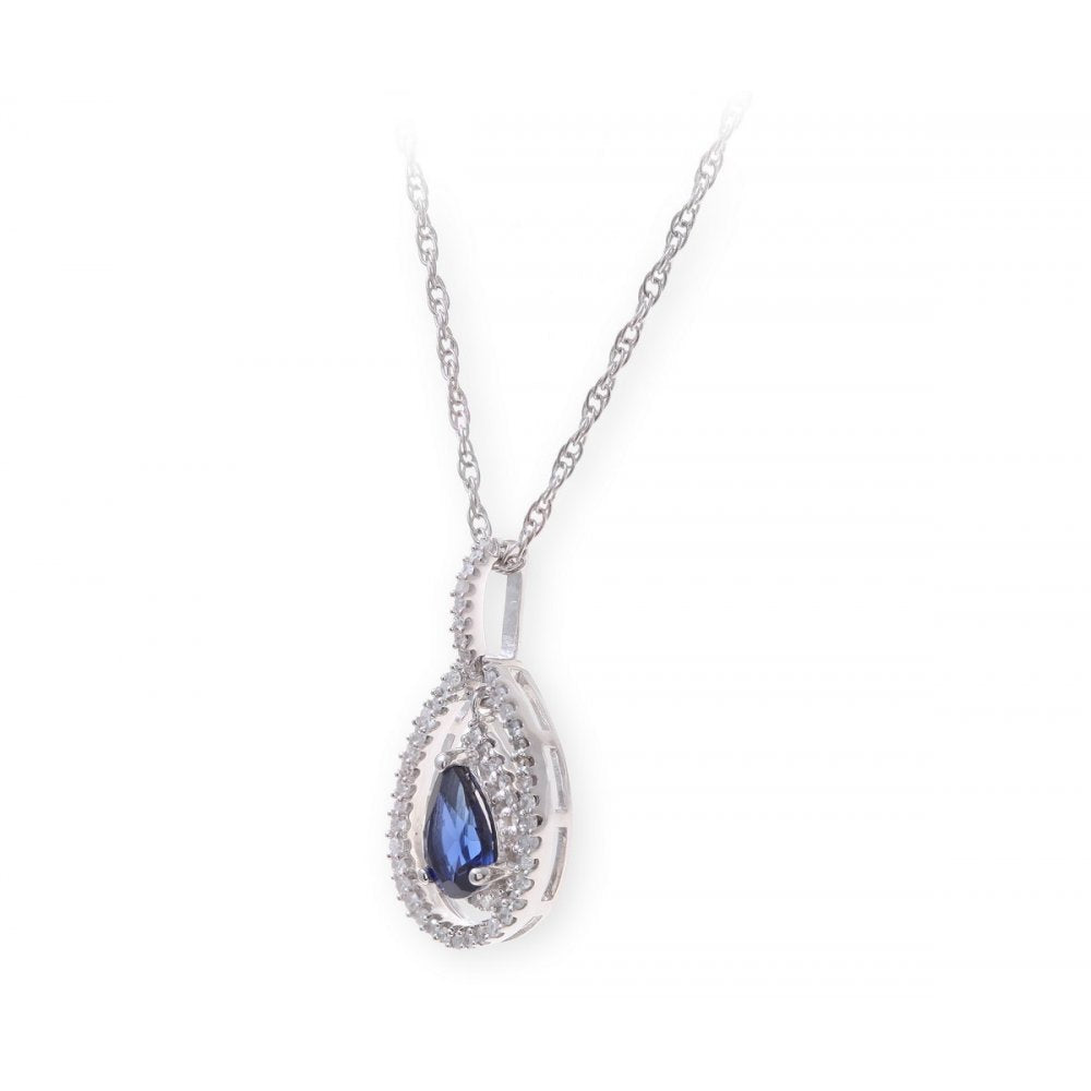 Sterling Silver Necklace with Sapphire Gem Stone Pendant and Diamonds