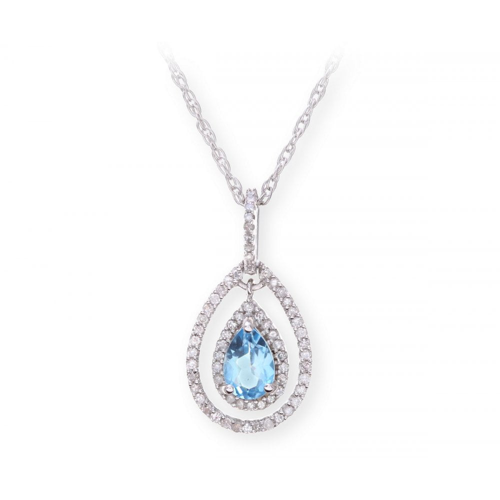 Sterling Silver Necklace with Swiss Blue Topaz Gem Stone Pendant and Diamonds