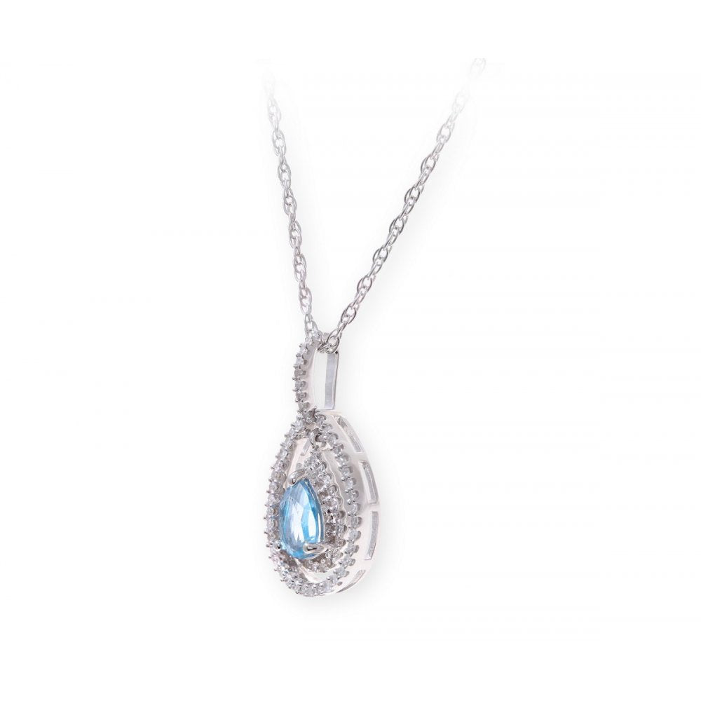 Sterling Silver Necklace with Swiss Blue Topaz Gem Stone Pendant and Diamonds