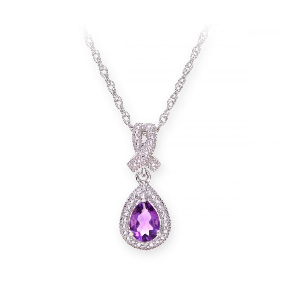 Sterling Silver Necklace with Amethyst Gem Stone Pendant and Diamonds