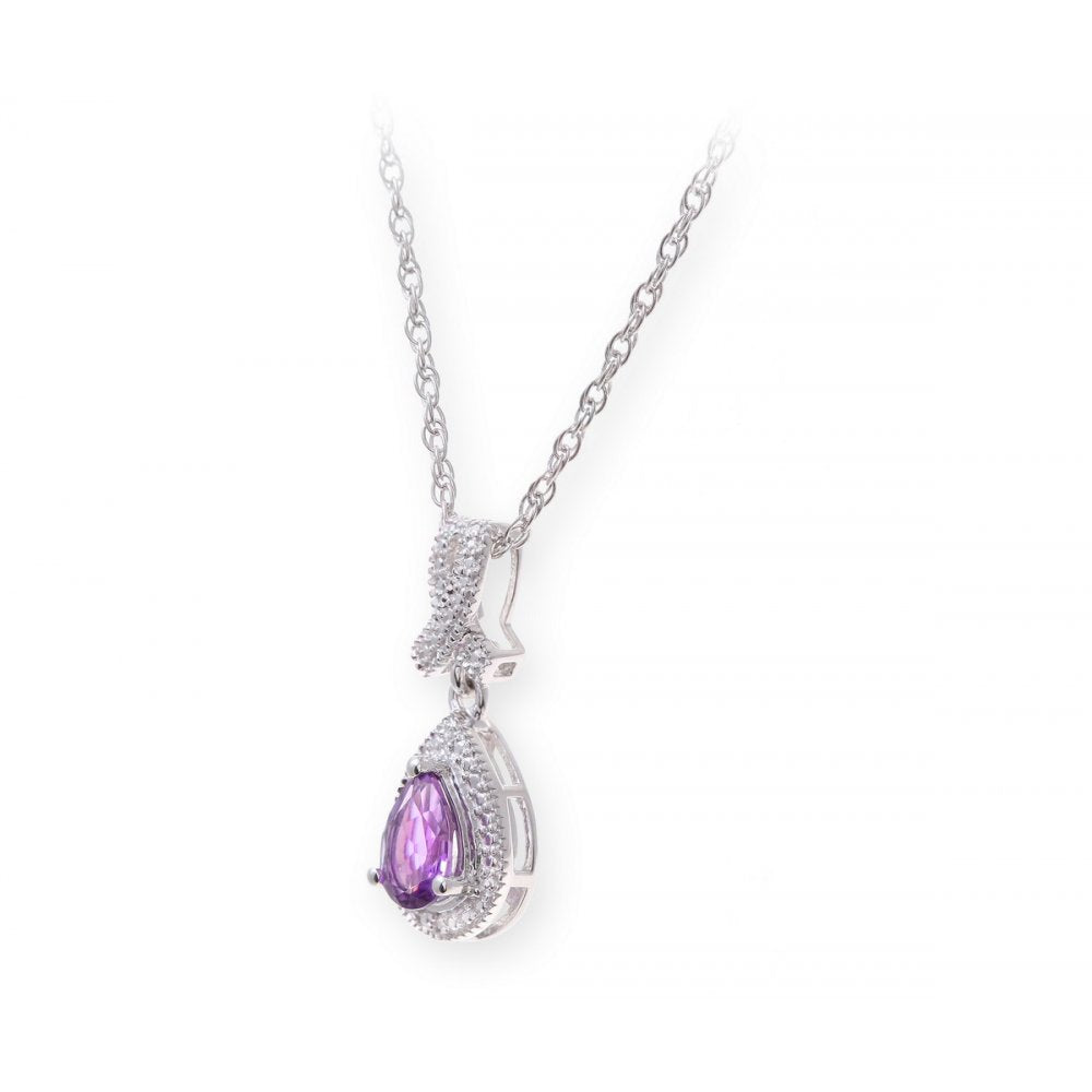 Sterling Silver Necklace with Amethyst Gem Stone Pendant and Diamonds