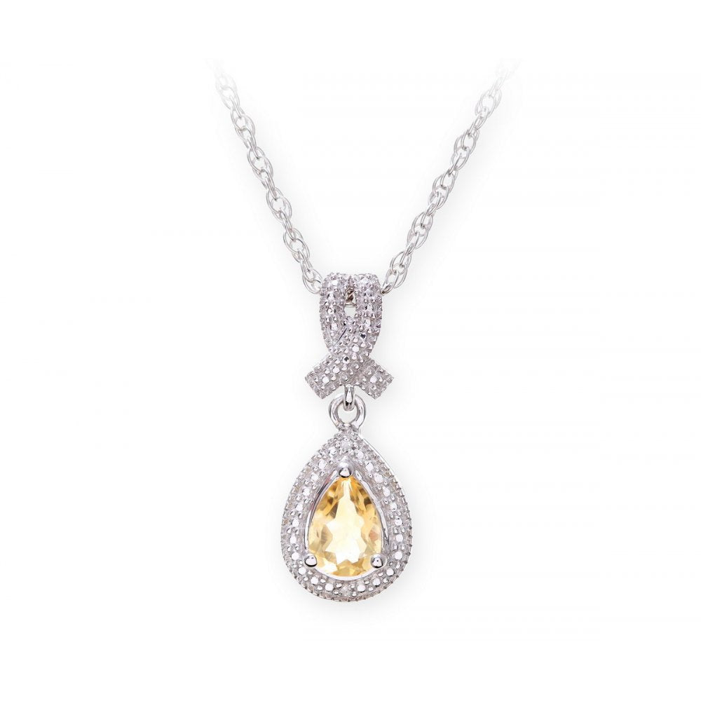 Sterling Silver Necklace with Citine Gem Stone Pendant and Diamonds