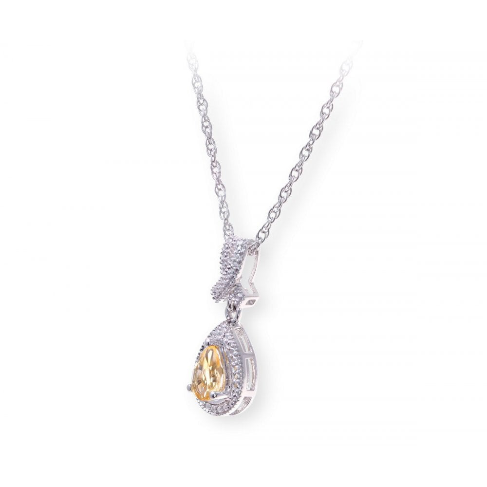 Sterling Silver Necklace with Citine Gem Stone Pendant and Diamonds