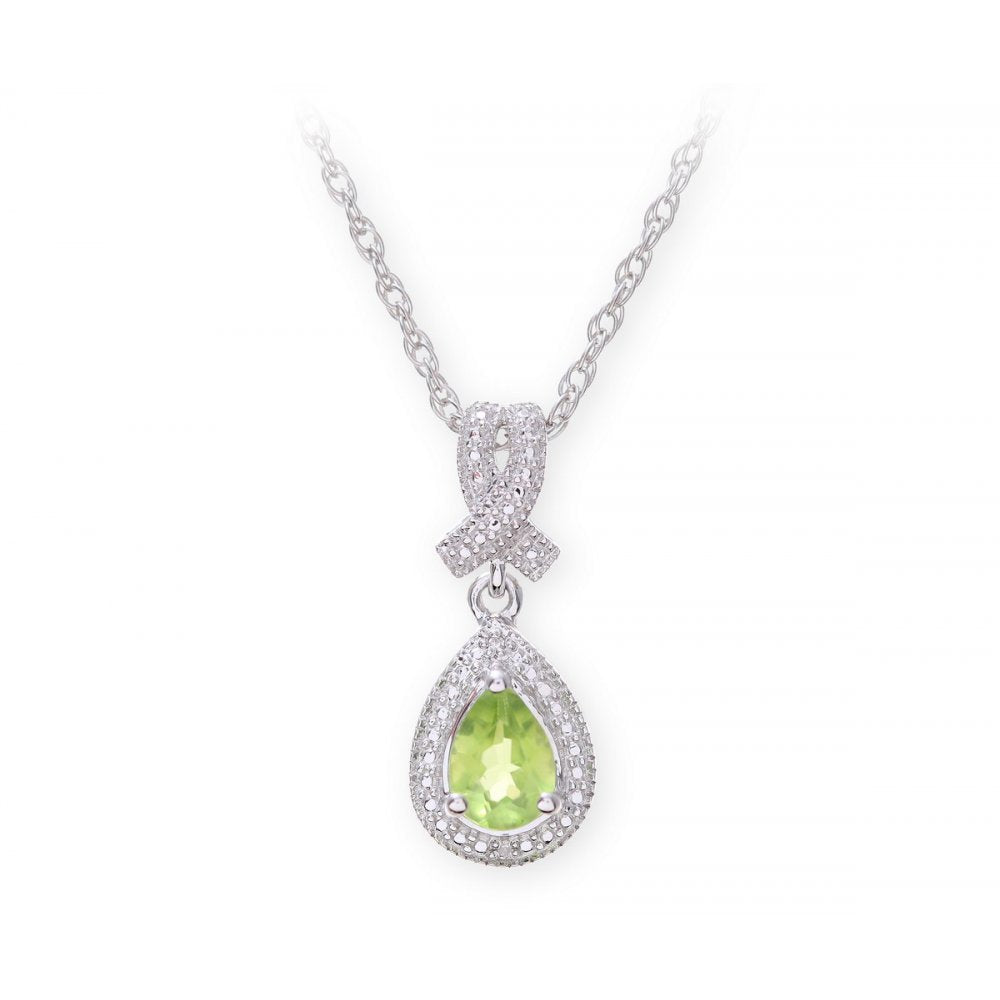 Sterling Silver Necklace with Peridot Gem Stone Pendant and Diamonds