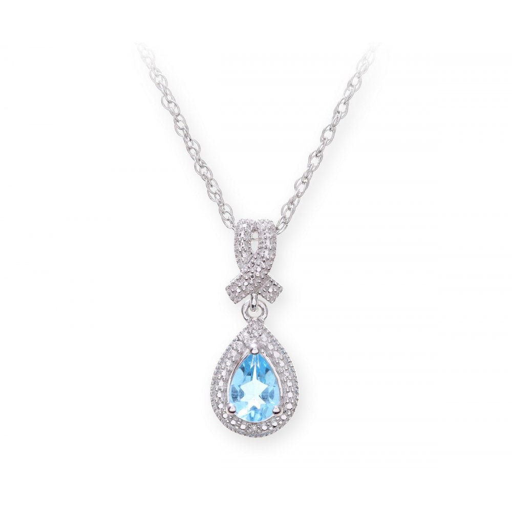 Sterling Silver Necklace with Swiss Blue Topaz Gem Stone Pendant and Diamonds