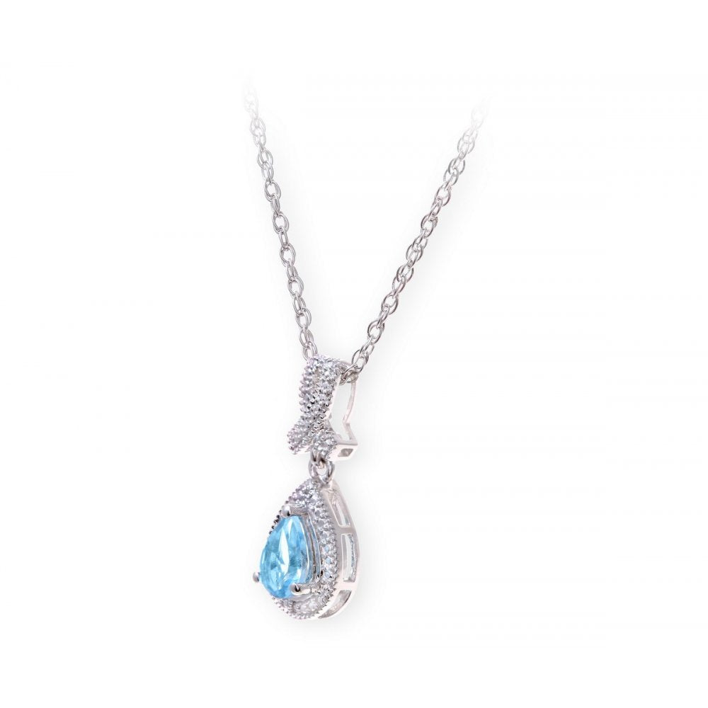 Sterling Silver Necklace with Swiss Blue Topaz Gem Stone Pendant and Diamonds