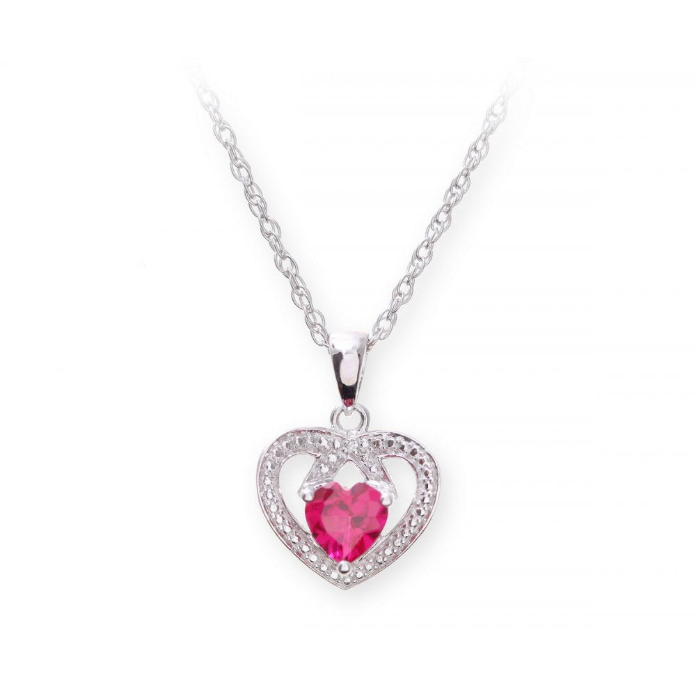 Sterling Silver Necklace with Ruby Gem Stone Heart Pendant and Diamonds