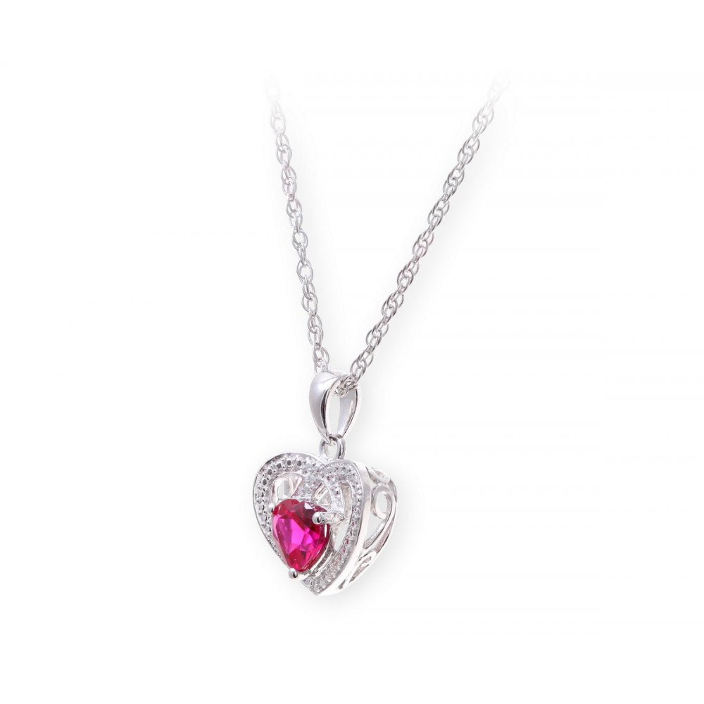Sterling Silver Necklace with Ruby Gem Stone Heart Pendant and Diamonds