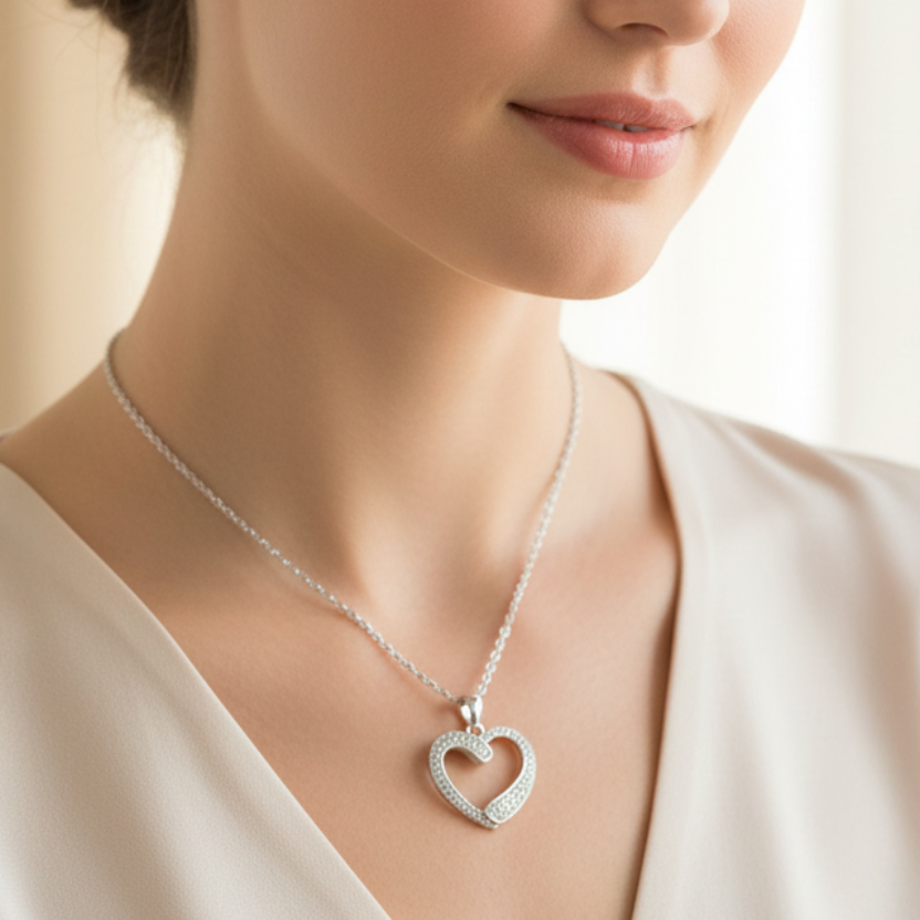 Sterling Silver Necklace with Diamond set Heart  Shape Pendant