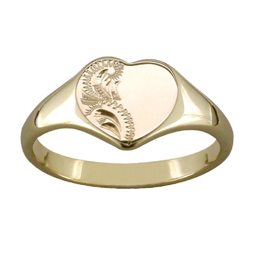 Ladies Gold Engraved Heart-Shaped Signet Ring