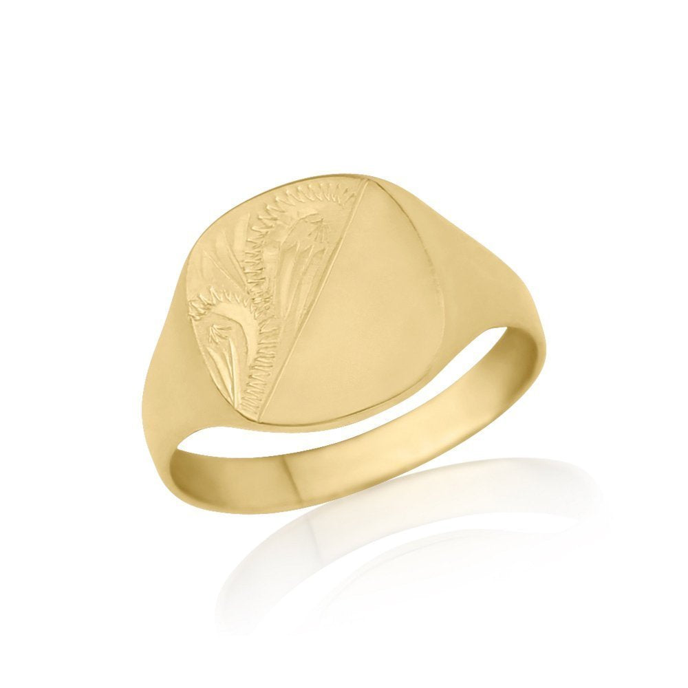 Ladies Gold Engraved Cushion-Shaped Signet Ring