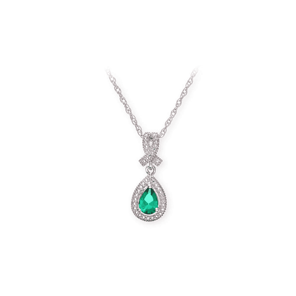 Sterling Silver Necklace with Emerald Gem Stone Pendant and Diamonds