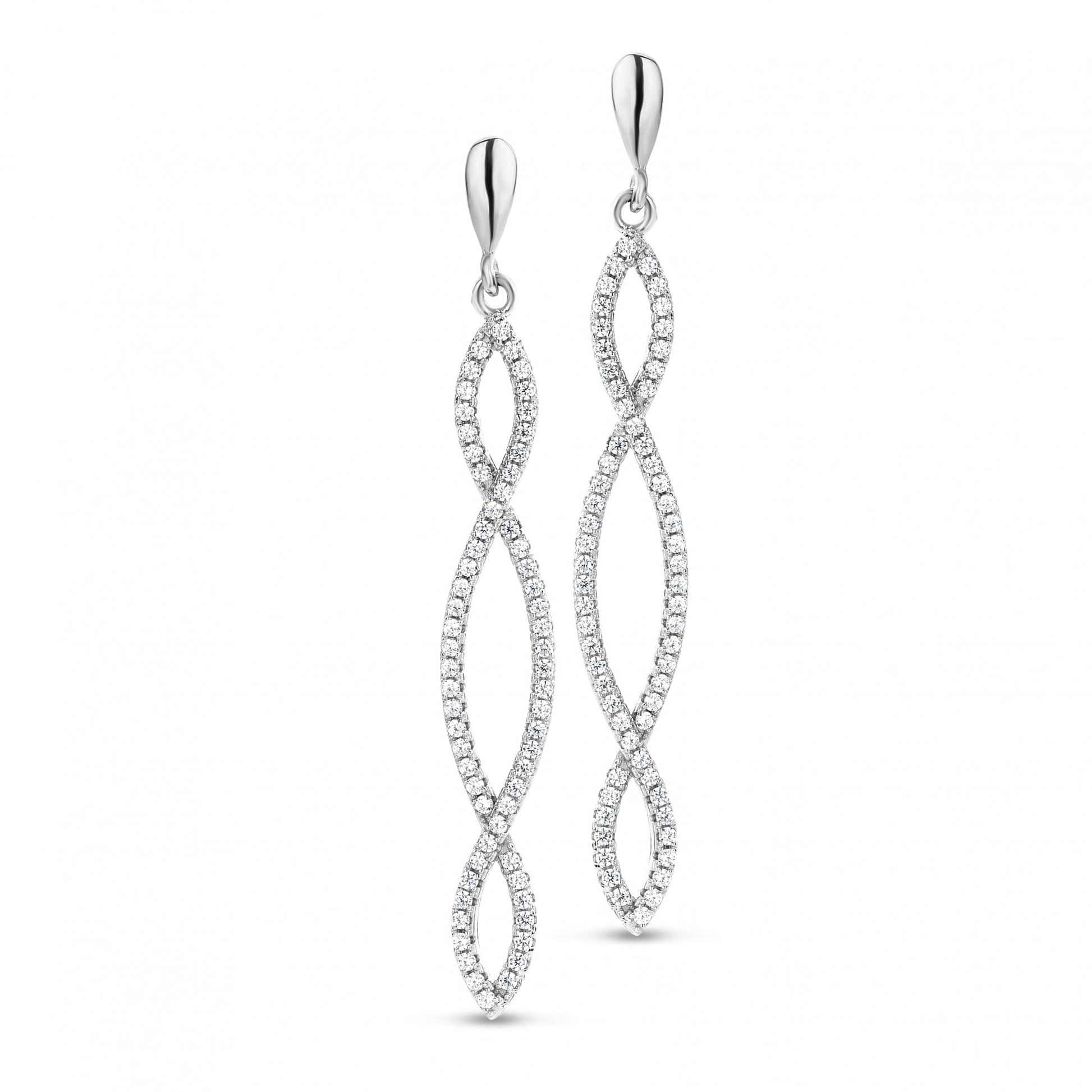 Silver Rhodium Plated Stone Set Double Cross Over Earring