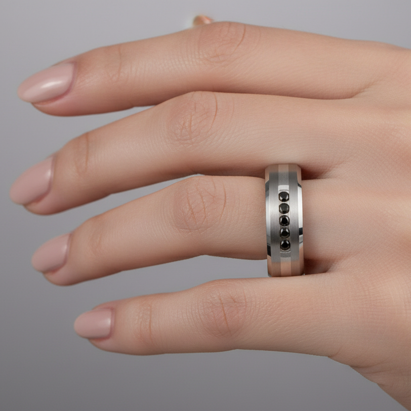 Titanium and Silver Inlay 0.15ct Black Diamond 7mm Ring