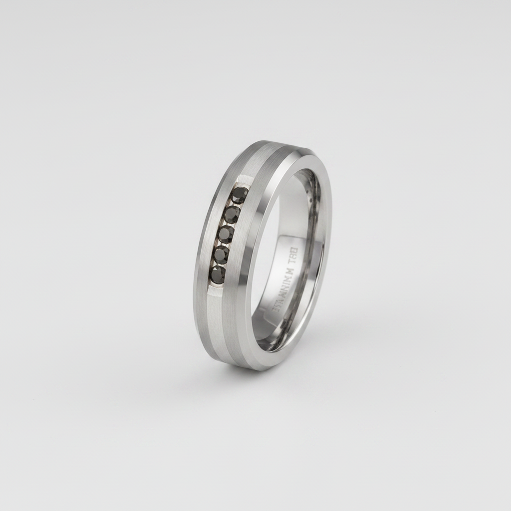 Titanium and Silver Inlay 0.15ct Black Diamond 7mm Ring