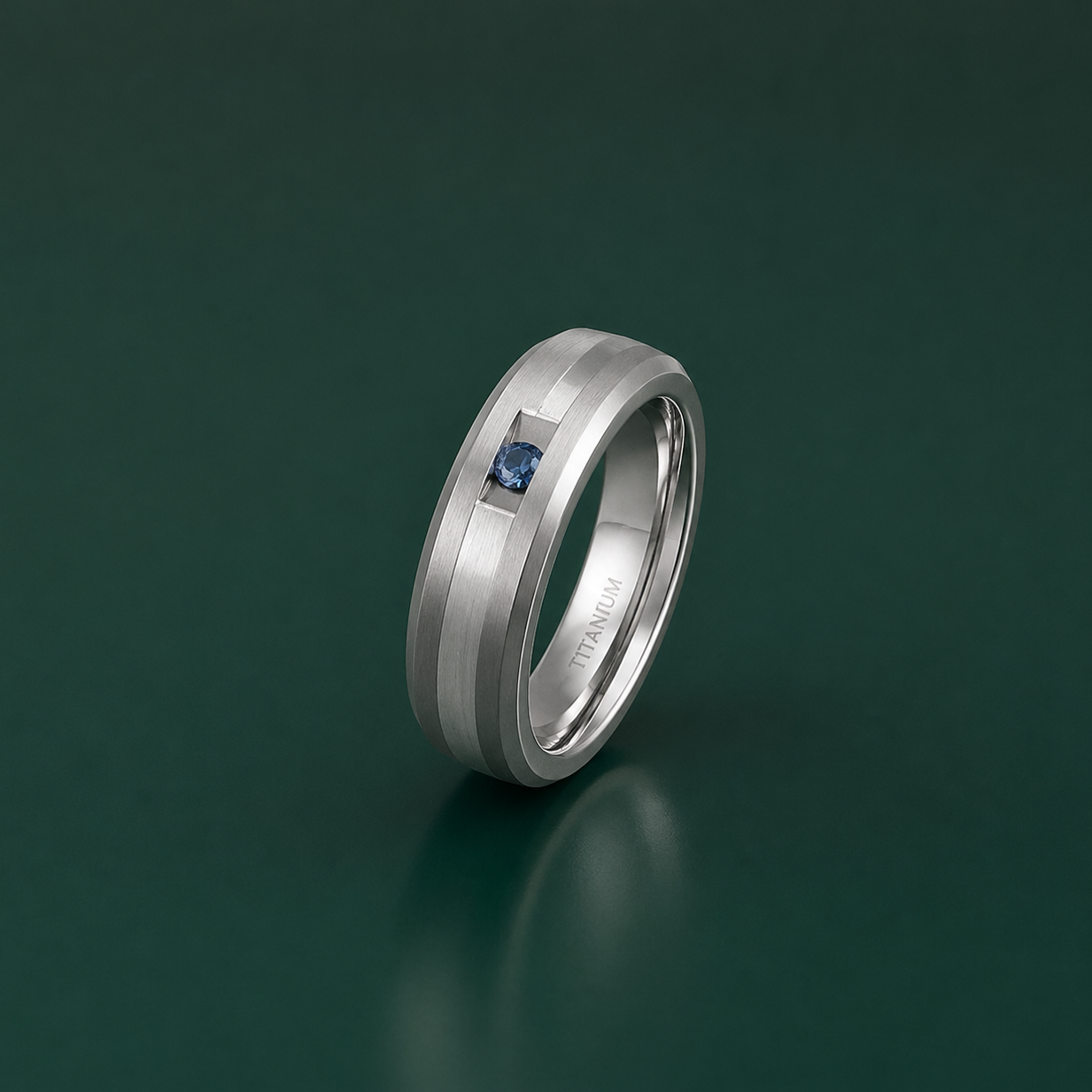 Titanium and Silver Inlay Flat Court Shape Blue Sapphire Matt 7mm Ring