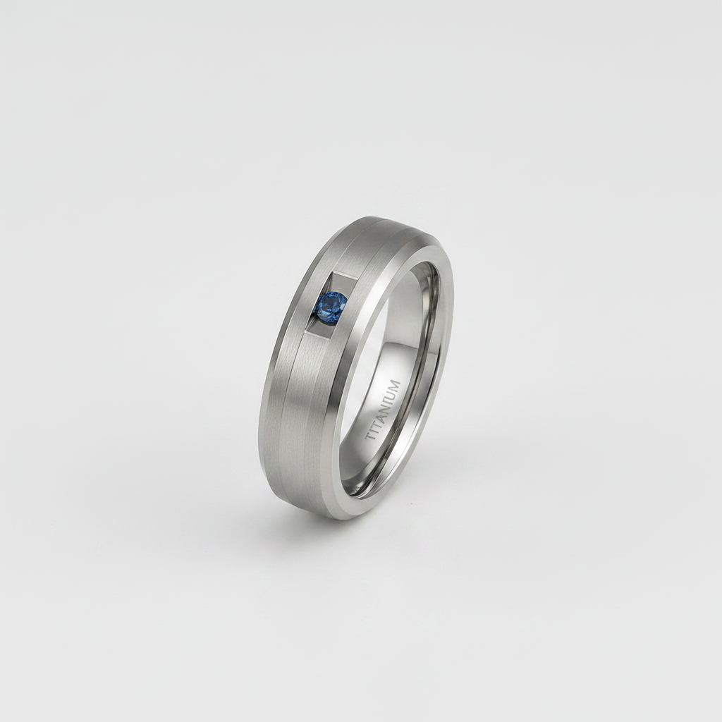 Titanium and Silver Inlay Flat Court Shape Blue Sapphire Matt 7mm Ring