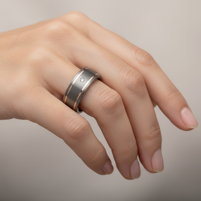 Titanium and Silver Inlay Flat Court Shape 0.02ct Diamond Matt 7mm Ring