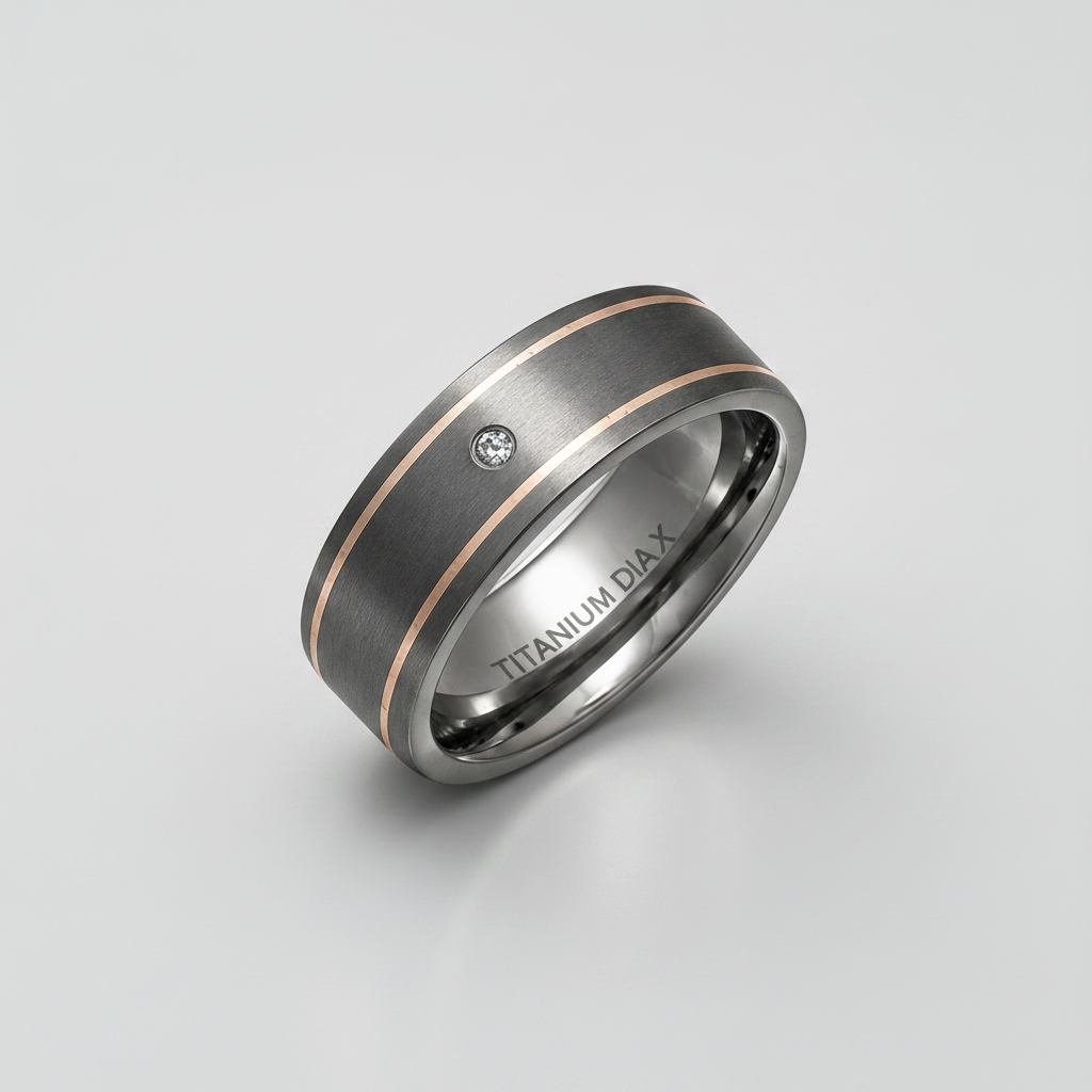 Titanium and Silver Inlay Flat Court Shape 0.02ct Diamond Matt 7mm Ring