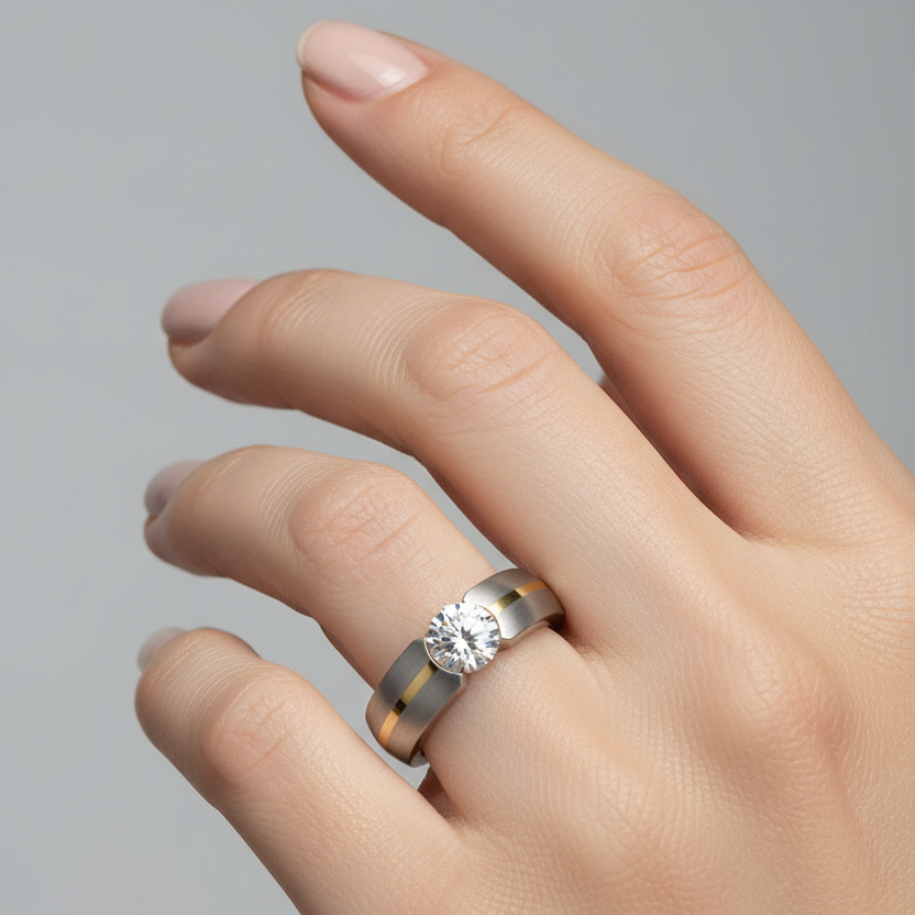 Titanium Court Shape Matt with Gold Inlay CZ Tension Set 7mm Ring