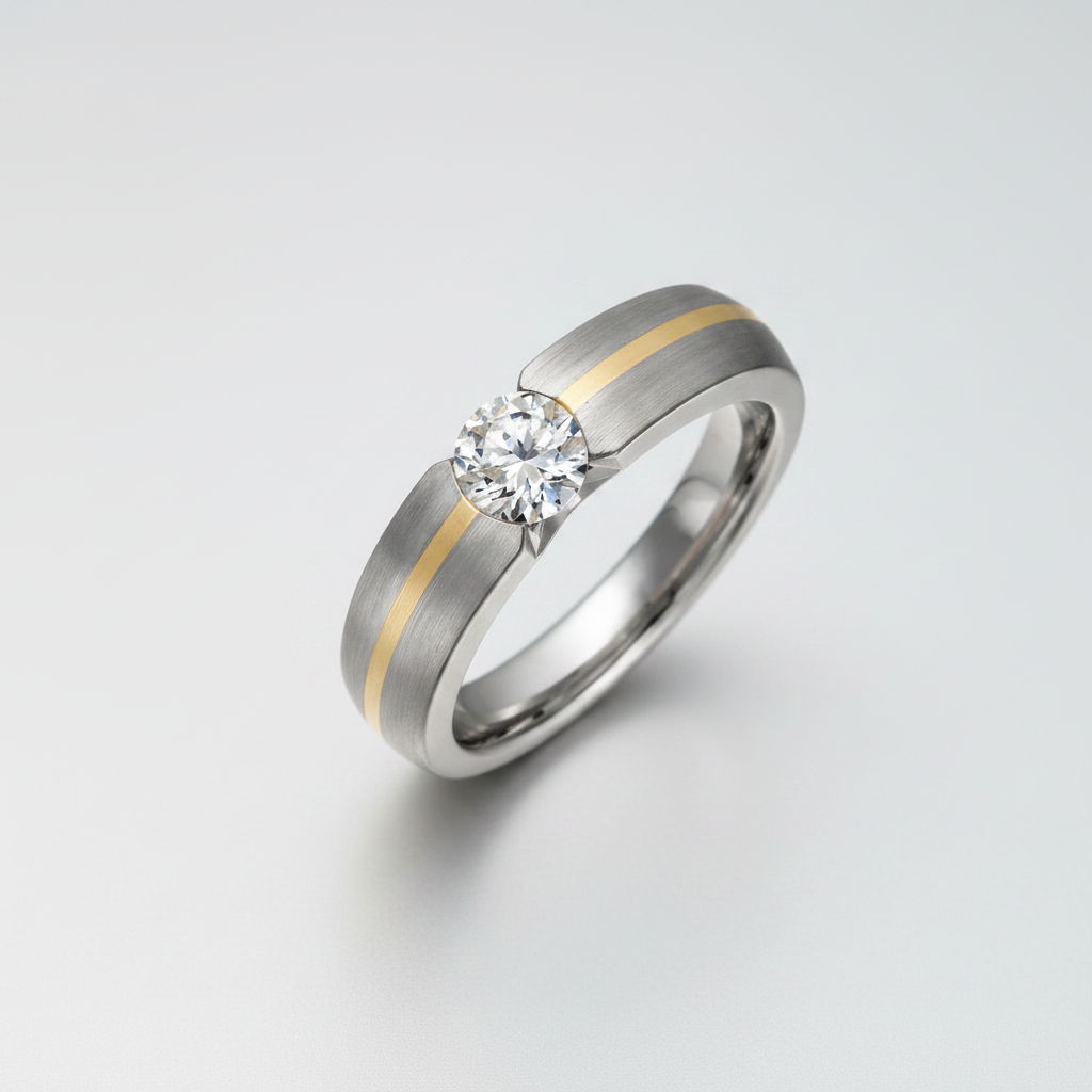 Titanium Court Shape Matt with Gold Inlay CZ Tension Set 7mm Ring