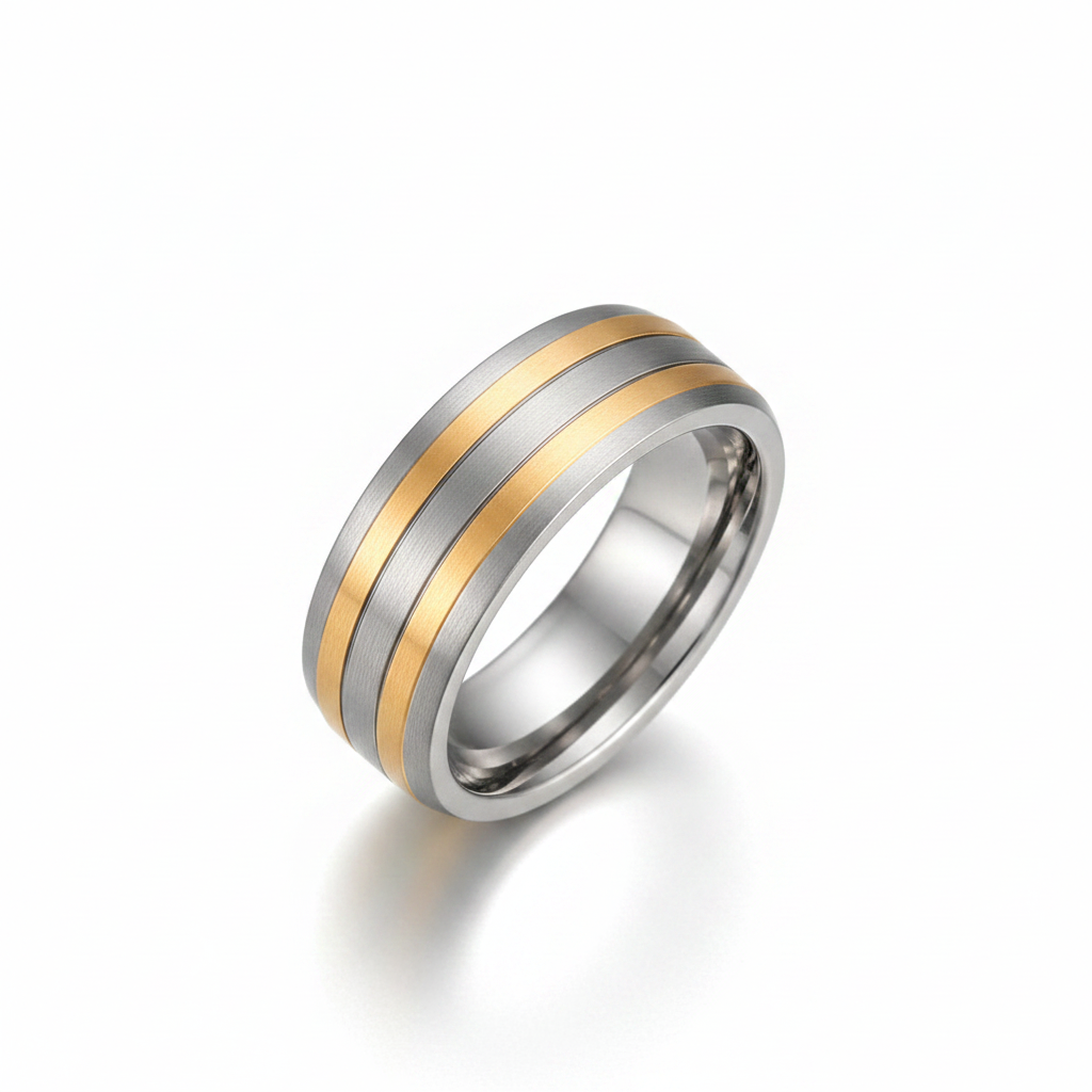 Titanium Matt Center with Two Gold Colour Lines 8mm Ring
