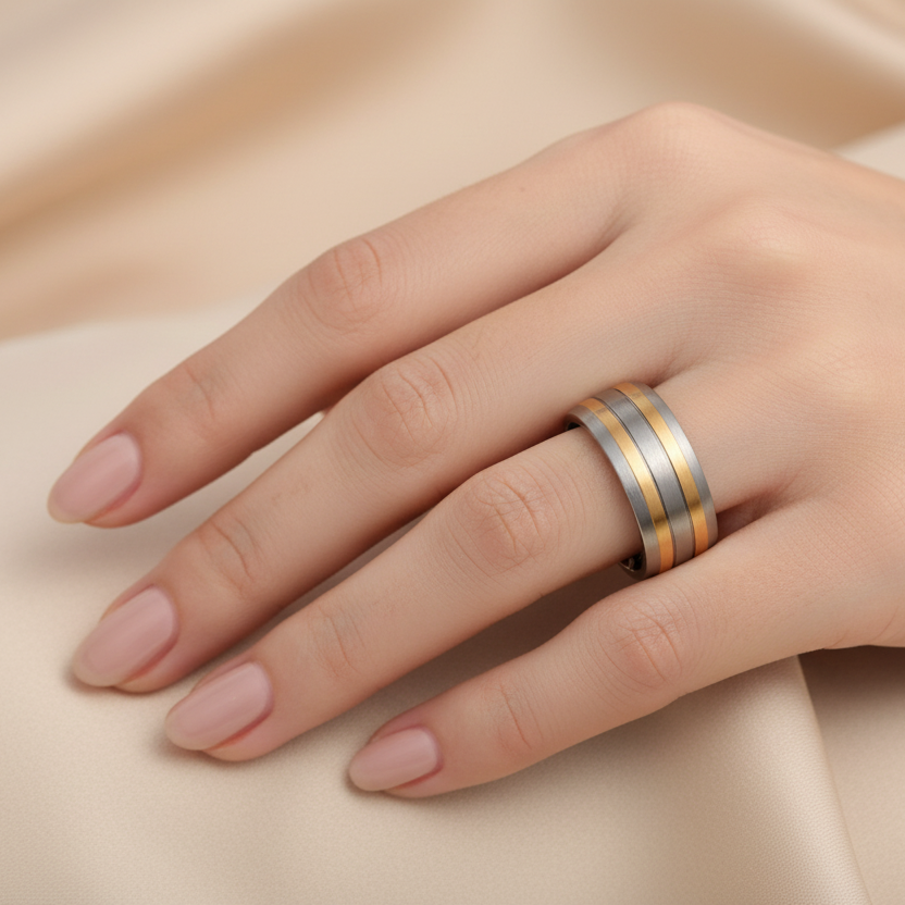 Titanium Matt Center with Two Gold Colour Lines 8mm Ring