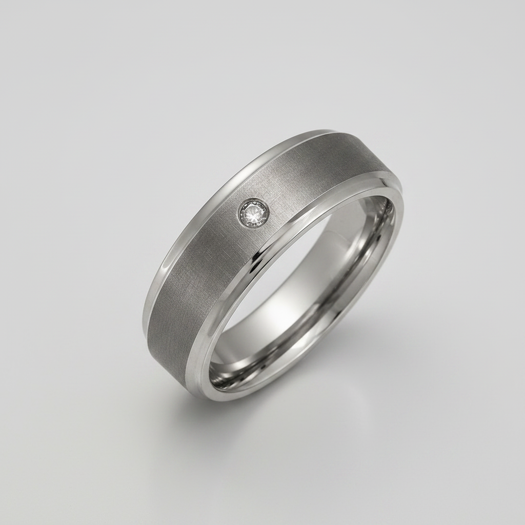 Titanium Flat Court Shape Matt Center 0.05kt Round Diamond 7mm Ring