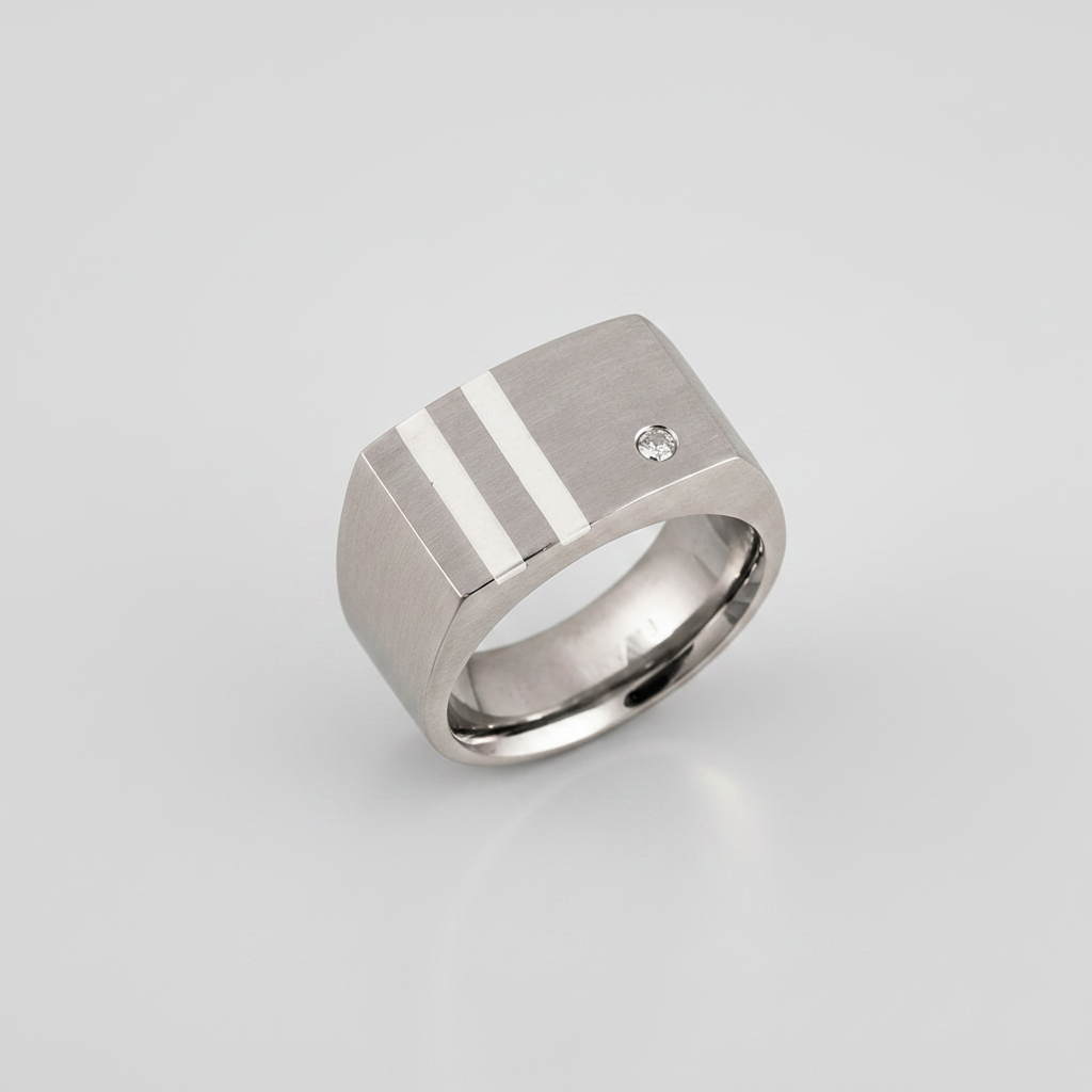 Titanium and Silver Inlay 0.05ct Diamond Matt 10mm Signet Ring