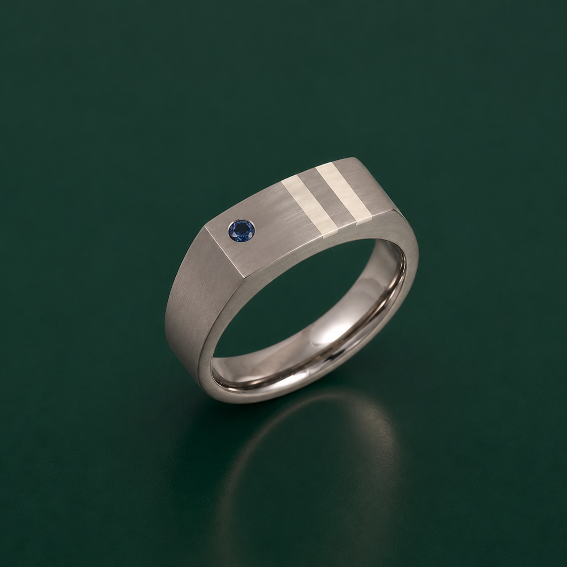 Titanium and Silver Inlay Blue Sapphire Matt 7mm Signet Ring