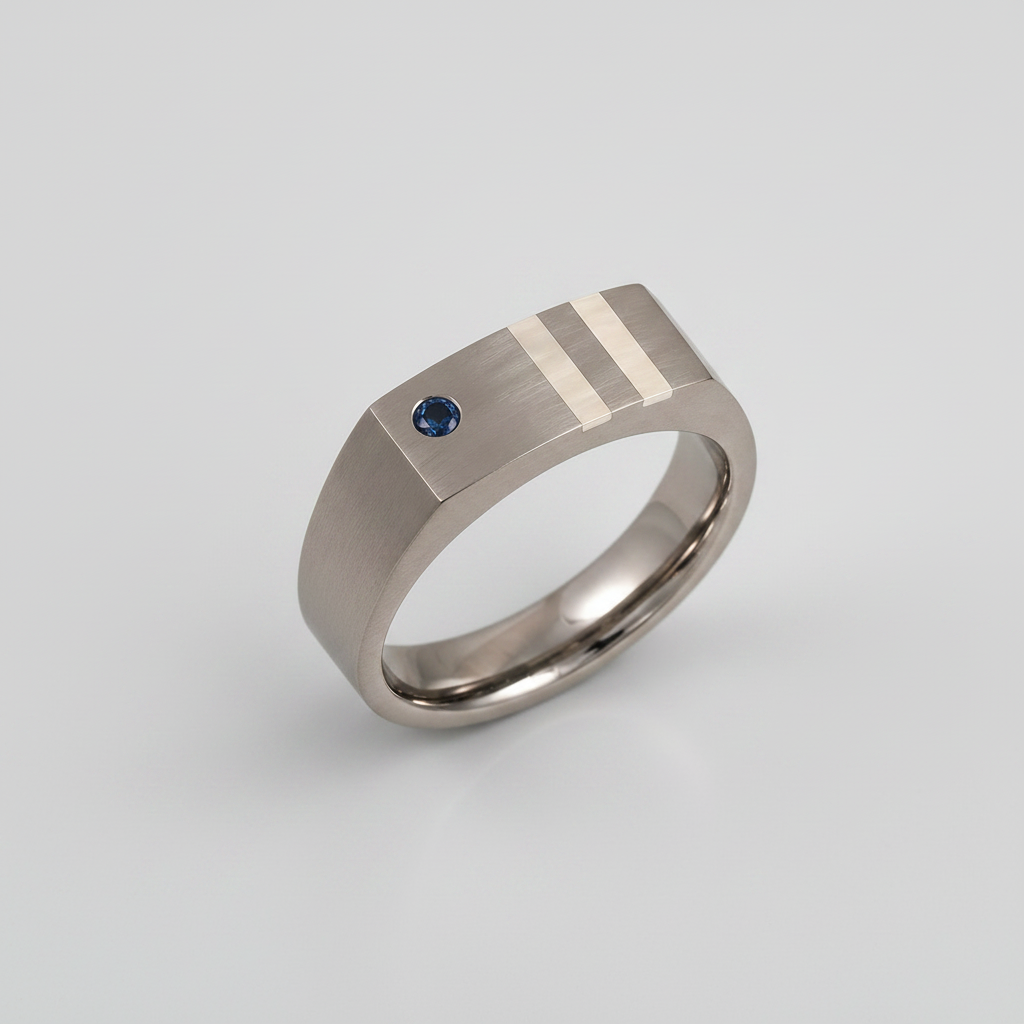 Titanium and Silver Inlay Blue Sapphire Matt 7mm Signet Ring