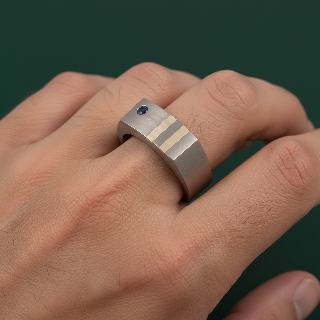 Titanium and Silver Inlay Blue Sapphire Matt 7mm Signet Ring